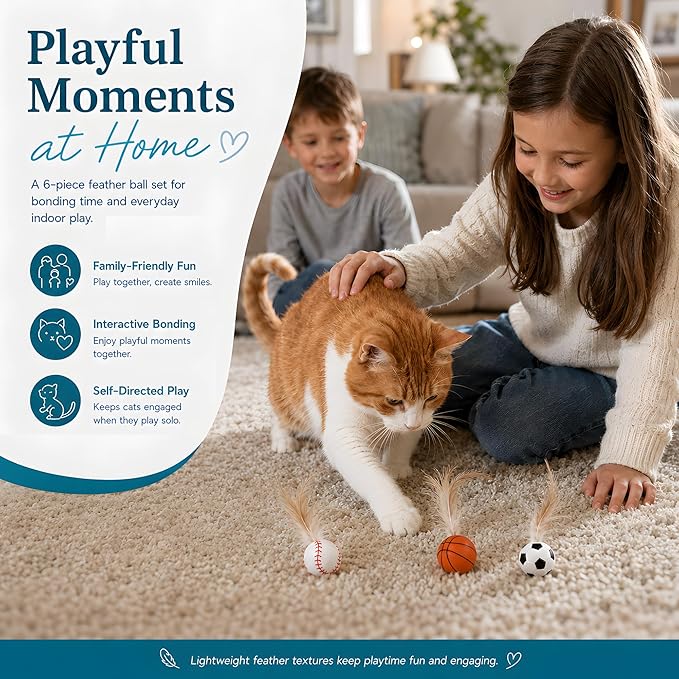 Bouncy Cat Feather Ball Toys – 6 Pack Interactive Silicone Bouncing Balls for Indoor Cats & Kittens, Durable Active Play Toy