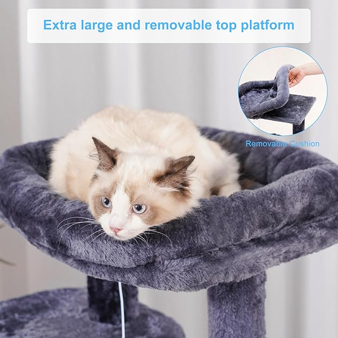 Hey-brother Cat Tree with Scratching Board, Cat Tower with Padded Plush Perch and Cozy Basket, Multi-Platform for Jump, Smoky Gray MPJ005G
