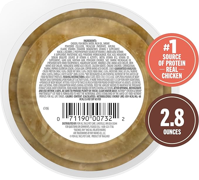 Nutrish Grain Free Wet Cat Food Chicken & Shrimp Pawttenesca Whole Health Blend with Real Shredded Chicken & Whole Shrimp in Sauce, 2.8 oz. Cup, Pack of 12 (Rachael Ray)