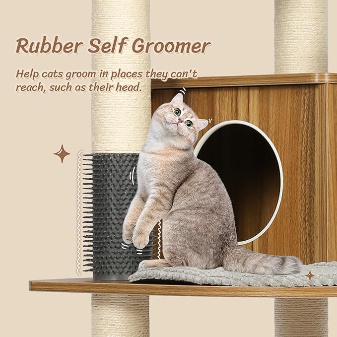 KAMABOKO Solid Wood Cat Tree, 69” Large Tall Cat Tower Multi-Level Platforms with Sisal Scratching Posts, Cat Tree for Large Cats 20 lbs Heavy Duty, Cat Condo Furniture for Active Cats