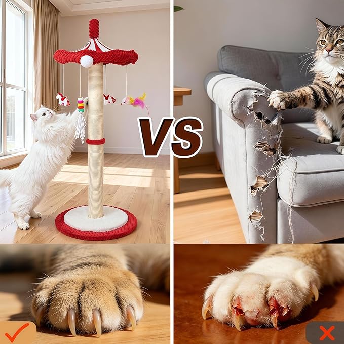 Carousel Interactive Cat Toys for Indoor Cats, 32" Tall Cat Scratching Posts for Indoor Cats Adults with Rotating Top, Cute Cat Scratch Post with Hanging Cat Toys, Medium