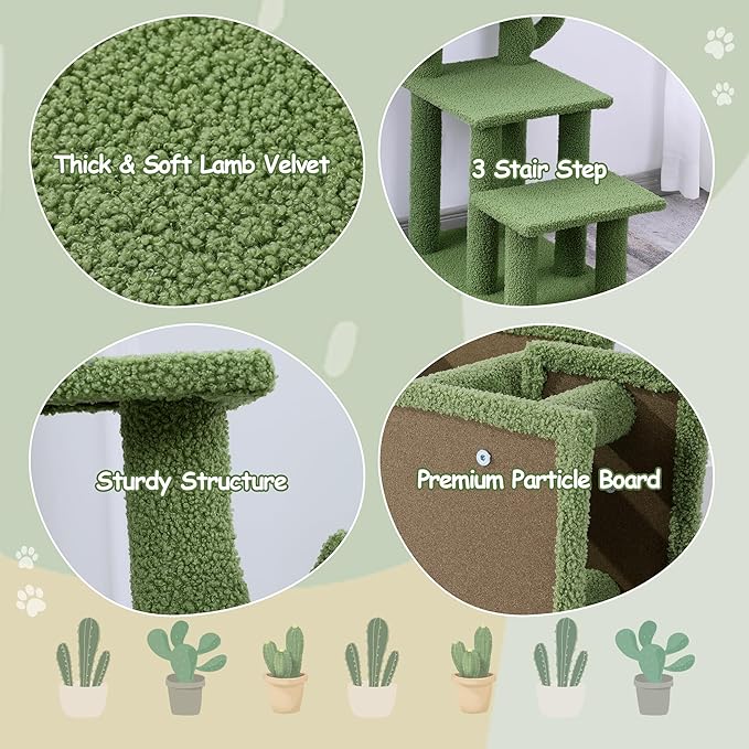 HOMBYS Cautus Cat Stairs for Old Cats & Dogs, Pet Steps for High Beds, Couch & Window,Vertical Cautus Green Cat Tree with Dangling Balls for Indoor Pets Climbing Playing, Holds Up to 150 Lbs,