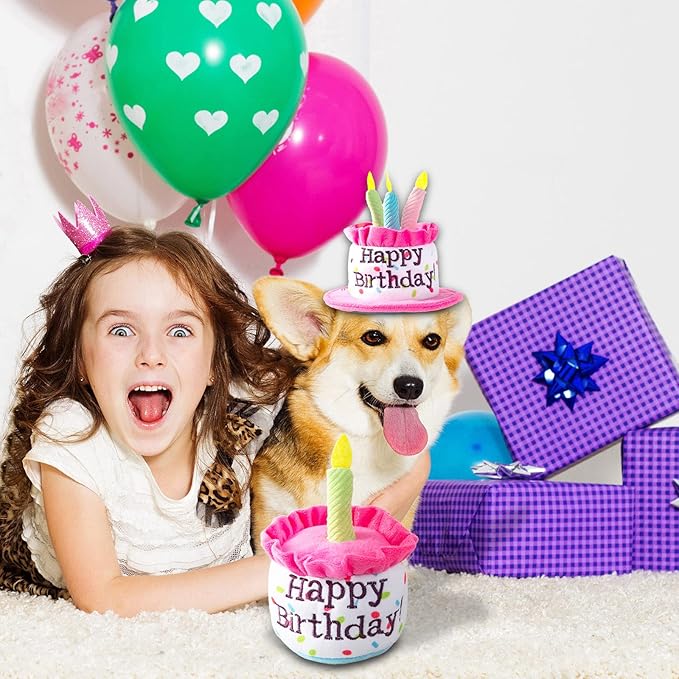 Cat Happy Birthday Cake Hat & Bandana Scarfs Set with Colorful Candles for Small Animas, Cat Birthday Party Supplies Decorations (Pink)