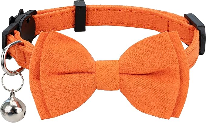 Cat Collar with Bow Tie Bell Breakaway Kitten Small Pet Safety Solid Wedding Basic Pure Color Suede Soft Adjustable [1pc] Orange