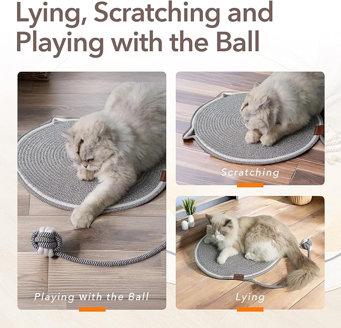 Cat Toy Scratcher Mat with Ball, 17" Size Natural Cotton Rope Dual Scratching Pad for Indoor Cats, Portable Furniture Protector for Wall, Carpets, Hand Washable (White, 17"*17")