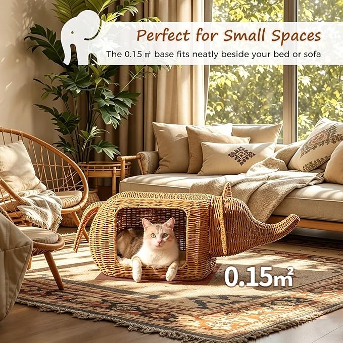 MUTTROS Elephant Rattan Cat Condo Bed for Indoor Cats, Handwoven Wicker Cat House with Thick Plush Cushion for Large Cat and Kitten, Sturdy Pet Hideaway for Small Dog Rabbits-35x12x13 Inches