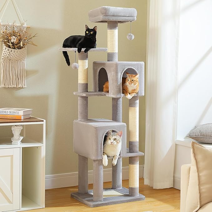 MUTTROS 62" Cat Tree for Indoor Cats, Multi-Level Cat Tower for Large Cats with Scratching Posts, 2 Spacious Plush Condos, Padded Perch, Soft Cat Bed, Scratching Pad & 2 Pompoms, Gray