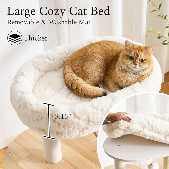 797Audio Wood Modern Cat Tree, 48" Cat Tower with Sisal Scratching Posts, Cat Condo, Capsule and Bed, Solid Wooden Aesthetic Multi-Level Cat Climbing Tree for Large Adult Indoor Maine Coon Cats-White