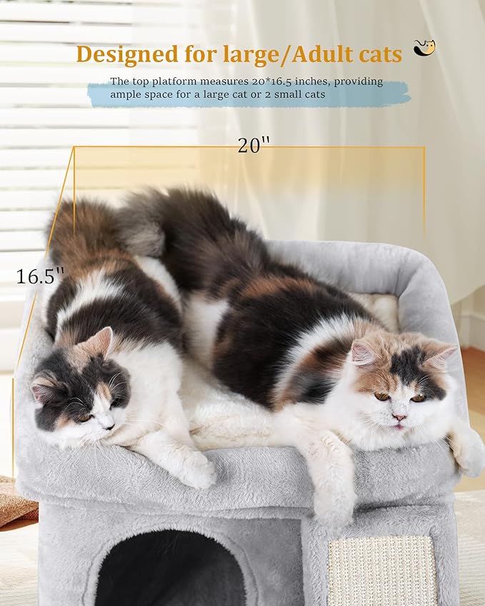 Aechonow Cat Tree Tower for Large Cat, Cat Bed House with Large Perch for Adult Cats, 20x16.5 Inch Big Platform for Indoor with Super Cozy Mat, Large Condo with Scratching Post, Light Gray