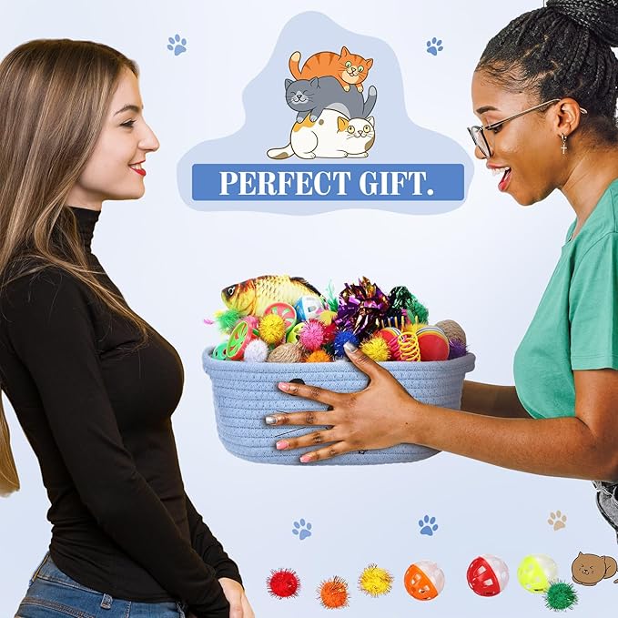 Zopeal 58 Pcs Summer Graduation Cat Storage Basket Gift Toys Set, Colorful Flashing Balls Pet Bell Crinkle Balls Spring Toys Attract Cat to Swat, Hunt, Interactive for Pet(Light Blue,9.8 Inch)
