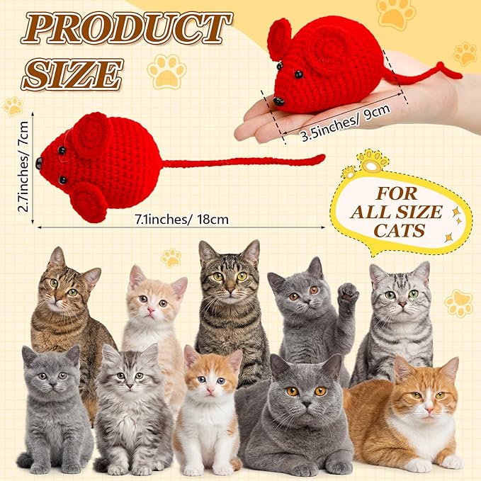 Outus 10 Pcs 3.5inch Crochet Mice Cat Toys Bulk Interactive Cat Mouse Toys Knitted Chew Animals Toy for Indoor Cats Kittens Cleaning Teething Kicker Chasing and Batting