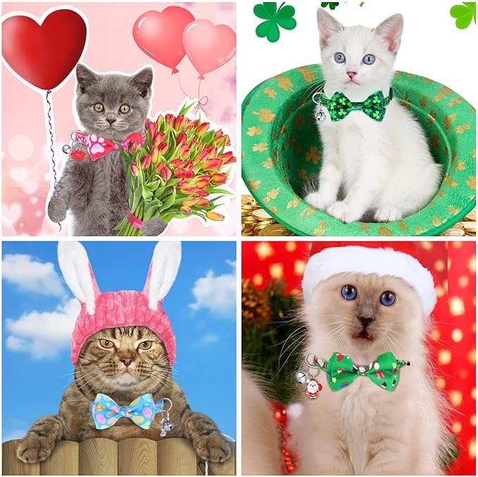 Kacctyen 18 Pcs Patriotic Cat Collars Bulk Easter Holiday Cat Collars with Bow Tie 4th of July Decoration Kitty Breakaway Adjustable Pet Kitten Bowtie Decor(Small)