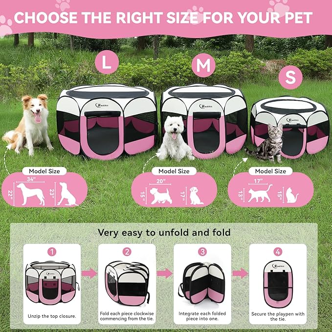 Pink Puppy Playpen for Middle Dog Cat, Dogs Tent Crate Cage Indoor/Outdoor, Portable Pop Up Dog Kennel with Carrying Bag for Rabbits, Removable Top (Pink with Pad, Large)