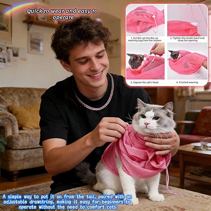 Cat Grooming Restraint Bag with Adjustable Drawstrings, Pink Mesh Bath Bag for Bathing, Nail Trimming, Ear Cleaning, Breathable Polyester with Zipper Design and Handheld Design