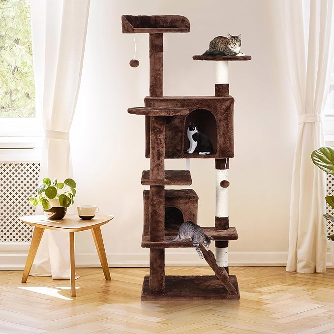 52” Multi-Level Cat Tree Condo Furniture Kitten Activity Play House Bed Pet Kitty Climbing Tower with Scratching Posts/Plush Perch/Scratcher Ladder/Tunnel for Cats,Kittens,Pets (Brown)