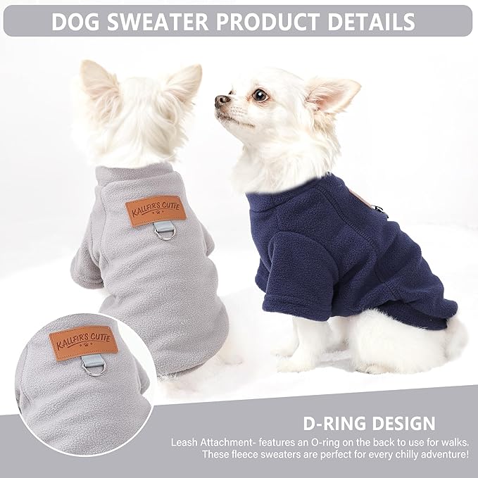 2 Pack Dog Sweaters with Leash Ring Warm Fleece Dogs Sweatshirt for Small Dogs Pet Puppy Coat Apparel Outfits Winter Dog Clothes for Chihuahua, Yorkie, Bulldog, Dachshund Cats XS, Grey