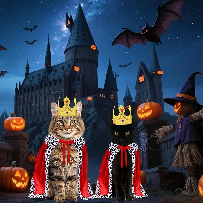 GOYOSWA Cat Halloween Costumes, Pet Cat King Costume King Red Cloak Golden Crown Set Halloween King Prince Costumes for Cats Kitty Small Dogs