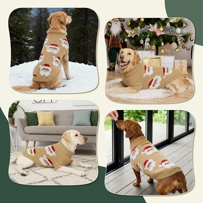 Dog Sweater Knitted for Small to Large Dogs Boy Girl, Classic Turtleneck Dog Christmas Sweaters, Warm & Soft Santa Claus Pet Clothes for Winter (Brown, L)