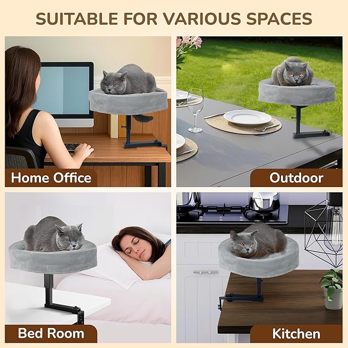 Up to 45LBS Cat Desk Bed - 360° Rotation & Adjustable Height, Pet Perch for Desks with Washable Cushion, Desk Cat Bed Attachment for Various Tables, Gray Cushion