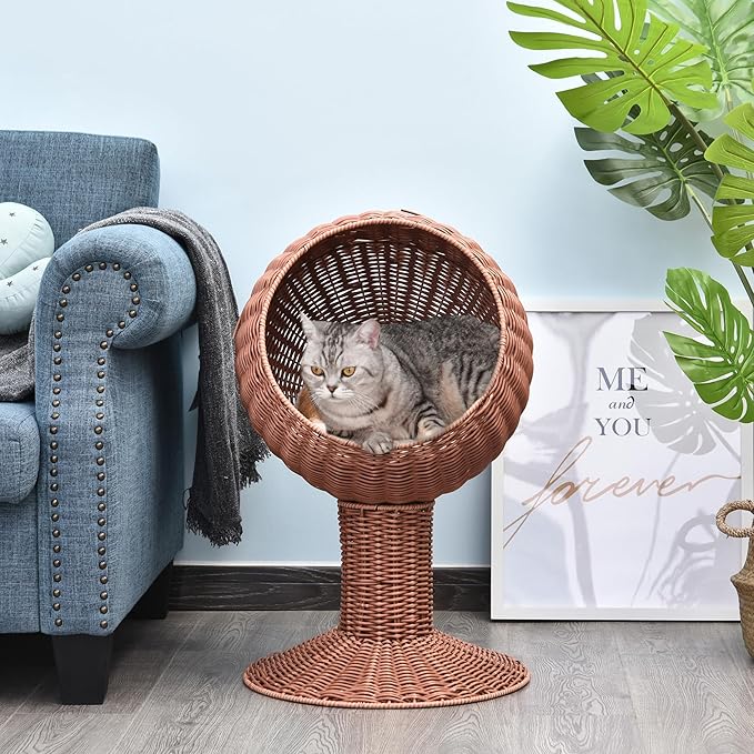 PawHut Elevated Cat Bed with Rotatable Egg Chair Pod, Cat Basket Bed with Thick Cushion, Natural Mat Grass Woven Kitty House, Brown