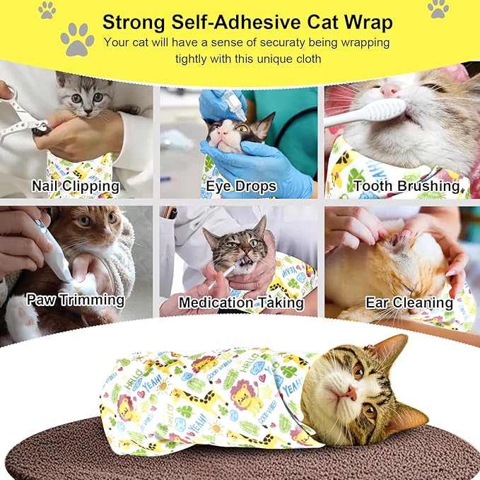 Cat Wrap for Cutting Nails and Grooming,Cat Restraint Wrap for Nail Clipping,Self-Adhesive Fabric Cat Swaddle Burrito Wrap for Nail Trimming (Giraffe Lion Style)