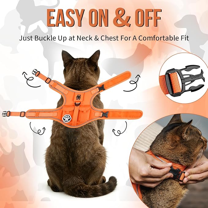 OneTigris Cat Harness and Leash - Escape Proof Soft Adjustable Cat Harness, Breathable, Comfortable, Durable Water-Resistant Tactical Vest with Reflective Strips and Pocket for Cat Tracker
