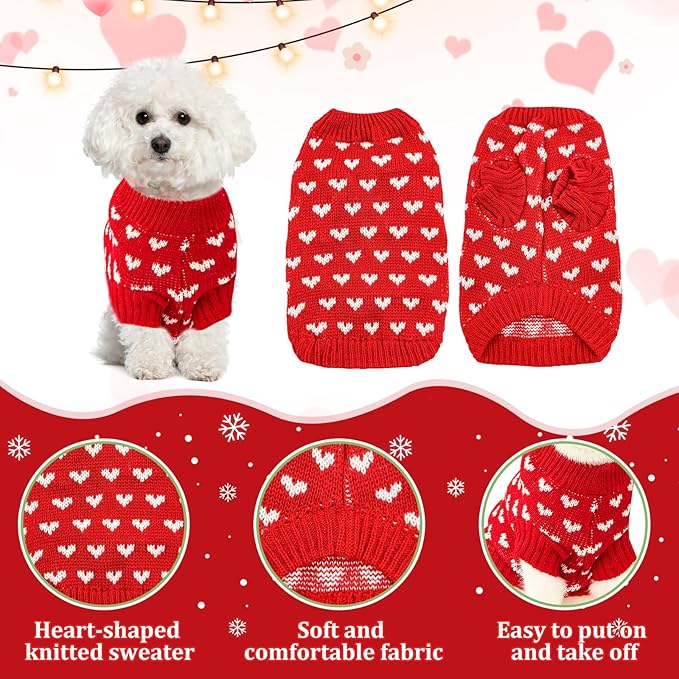 Heart Knit Pet Sweater, Warm Pullover Winter Clothes for Small and Medium Dogs Cats, Soft Puppy Outfit for Cold Weather, Christmas, Valentine's Day (Red, S (Fit 4–5 lbs, Chest 11–12", Neck 8–9"))