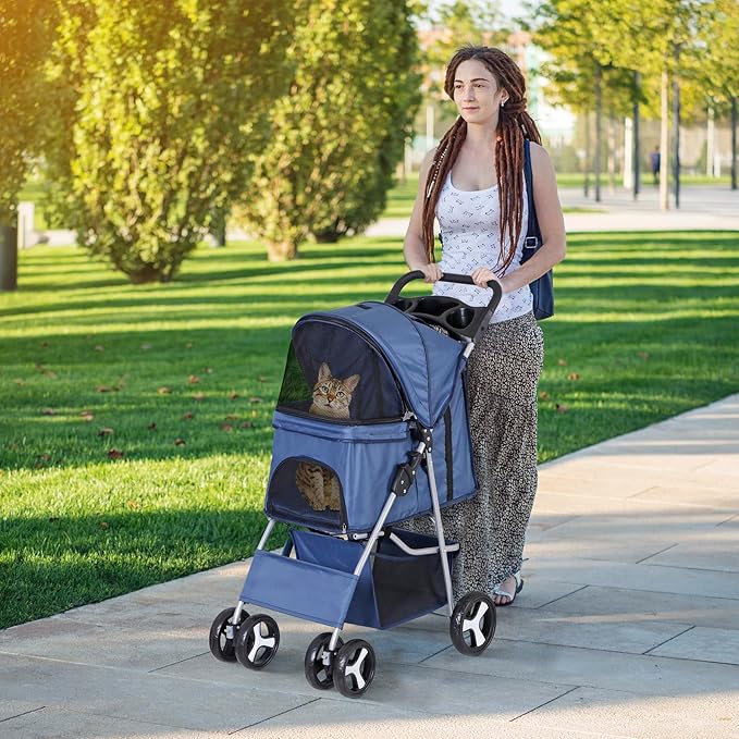 4 Wheels Foldable Pet Dog Cat Jogger Stroller Travel Carrier Strolling Cart w/Waterproof Cover Storage Basket Cup Holder & Removable Liner for Medium Small Cat Dog, Navy Blue