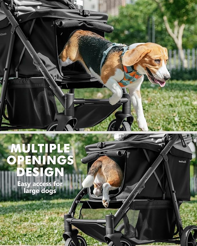 Medium Dog Stroller, Foldable Pet Stroller with Adjustable Handle & No Zip Entry, Storage Basket & Cup Holder, Canopy, Mesh Windows, Ideal for Medium Dogs and Cats Up to 50lbs, Black