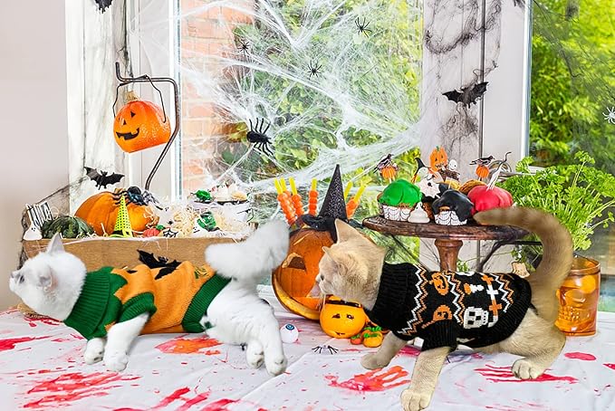 2Pcs Pet Halloween Sweaters Dog Halloween Pumpkin Sweater Kitten Cat Holiday Theme Turtleneck Knitwear Shirt with Pumpkin Skull Patterns Dog Puppy Halloween Costume Clothes for Small Dogs M