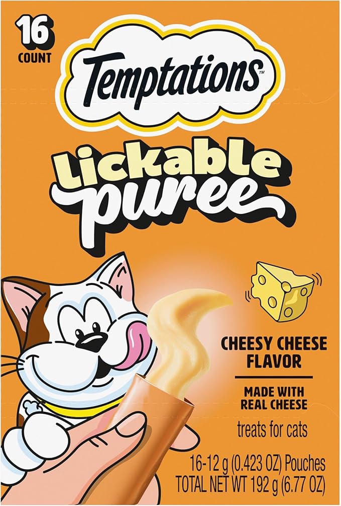 Temptations Creamy Puree Squeezable Lickable Cat Treats, Wet Cat Treats with Cheese, 0.42 oz. Tubes, 16 Count