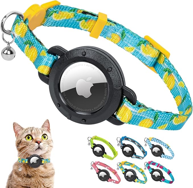 azuza AirTag Cat Collar Breakaway, Integrated Cat Collar with Air Tag Holder Safety Lightweight GPS Tracker Holder for Cats, Lemon, Cats (8-12inch)