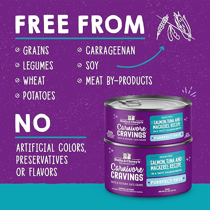 Stella & Chewy's Carnivore Cravings Purrfect Paté - Premium Grain-Free Wet Cat Food - Salmon, Tuna & Mackerel Recipe - High Protein with Bone Broth - Perfect for Picky Eaters - 5.2oz Cans (24 Pack)