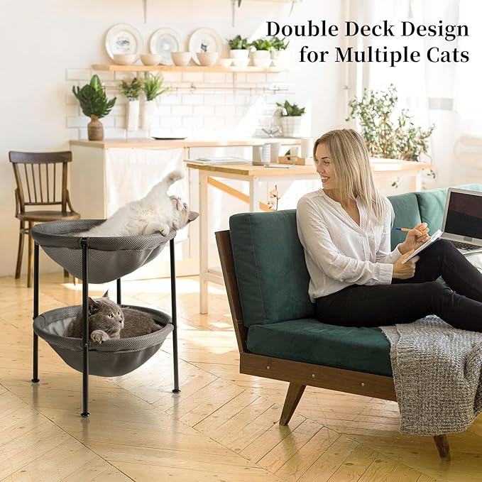 JUNSPOW Double Cat Bed Grey, Breathable Kitty Bed for 2 Cats with 4 Adjustable Feet & Anti-Slip Mats, Easy Assembly Cat Hammock for Multi-cat Household, Indoors & Outdoors, 22.8 in x18.7 in x 18.7 in
