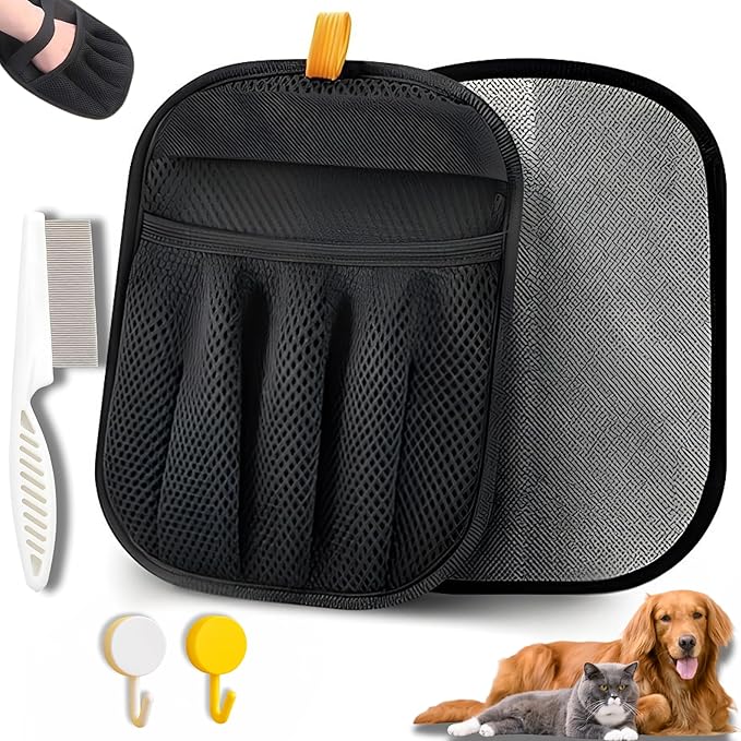 Pet Hair Removal Gloves for Cats & Dogs – 2 Gloves, 2 Hangers & 1 Comb, Double-Sided Reusable Electrostatic Mitts for Couch, Carpet & Car Seat