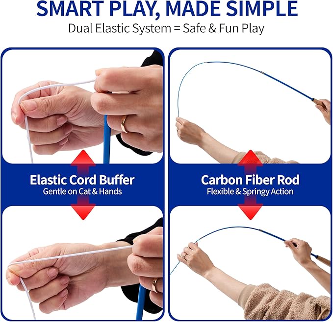 Cat Teaser Wand Toy - Interactive Play Set for Kittens & Cats with Magic Foldable Fabric StripMagic Foldable Fabric Strip, XL Mouse, 2 Large Fish & Telescoping Carbon Fiber Rod for Indoor Exercise
