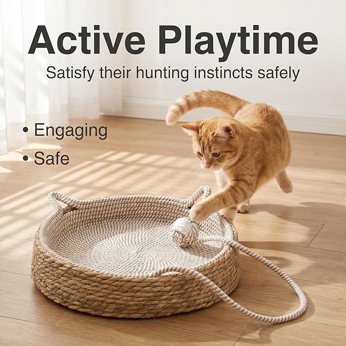 Handwoven Cat Basket Basket with Cotton Rope Liner Cat Ear Design Round Cat Scratcher Bed with Interactive Toy Ball Breathable All Season Scratch-Resistant Woven Cat Bed for Indoor Cats All Breeds