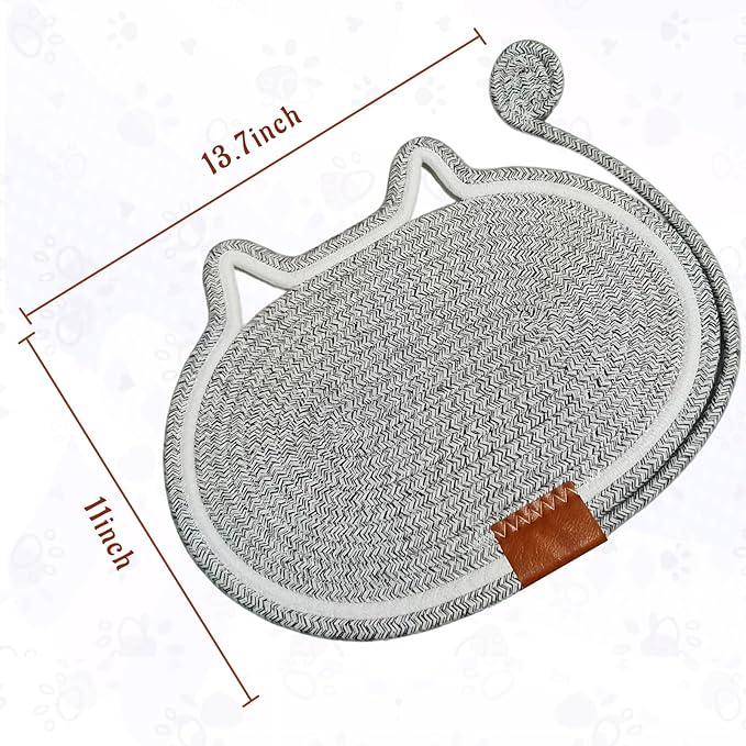 2 PC Cat Scratcher Mat - Natural Cotton Rope Oval Horizontal Scratch Pad (11''x13.7'') with Dangling Ball Toy, Cat Ear Design, Furniture Protector for Floor/Wall, Durable Handmade (Grey, 2 PC)