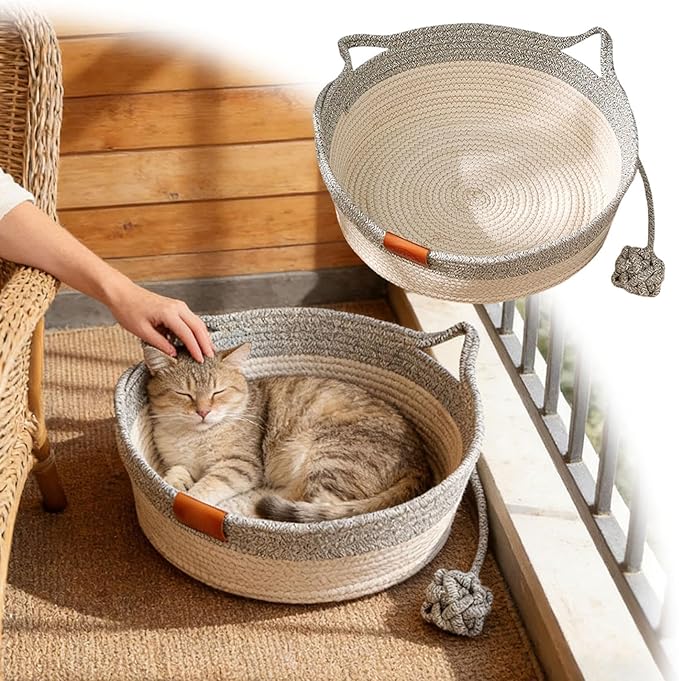 Instinct Basket for Cats - Handwoven Cotton Rope Enrichment Bed with Attached Toy Tail, Scratchable Interactive Pet Nest Features Flexible Walls to Fight Boredom & Protect Furniture (Gray)