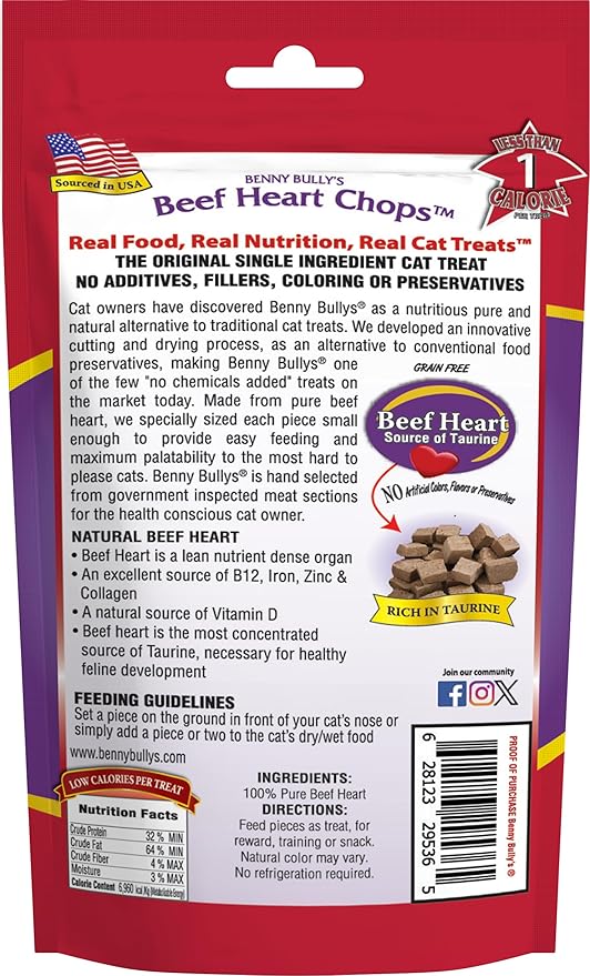Benny Bullys Beef Heart Chops - Freeze Dried Cat Treats - 20g/ 0.7 oz (4 Pack)