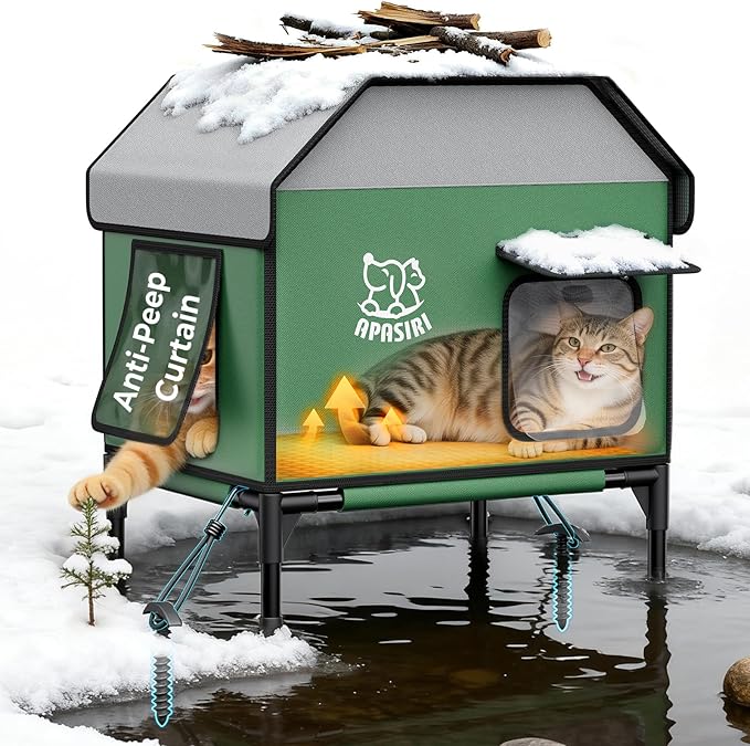 Heated Outdoor Cat House for Winter: Insulated with Heating Pad, Indestructible Weatherproof Winter Shelter, Elevated Support to Keep Interior Dry for Stray Cats, Medium