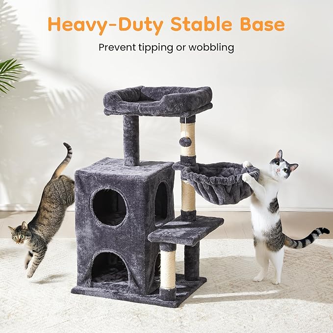 Multi-Level Cat Tree Tower for Large Cats with Scratching Posts, Condos, Perch, Hammocks & Toys, Cat Jungle Gym for Indoor Cats, Ideal for Multi-Cat Households, Dark Grey