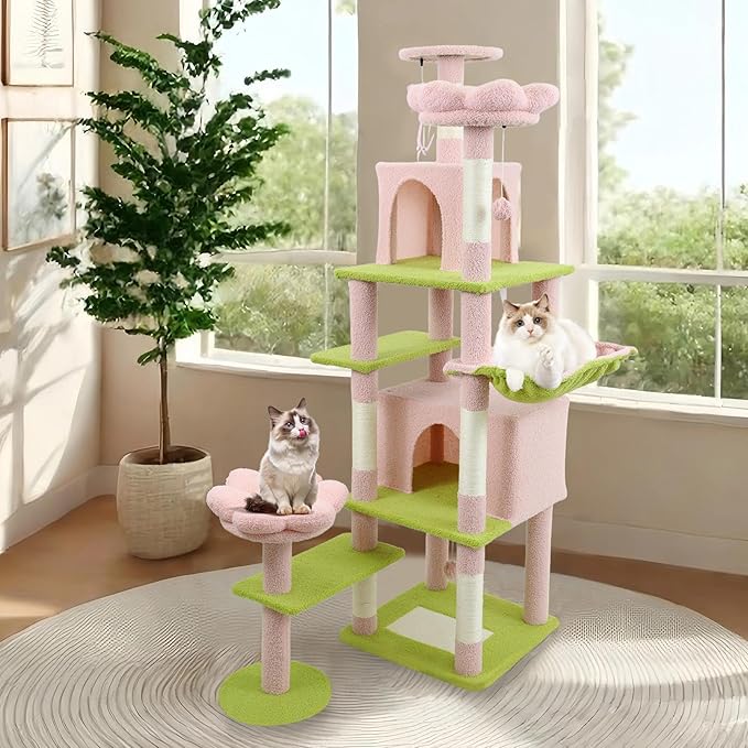 71" Flower Cute Cat Tree for Indoor Cats Large Adult, Tall Cat Tower with Scratching Post & Condo, Hammock, Aesthetic Cats Stand, Modern, Easy Assembly (Pink, 71" Tall)