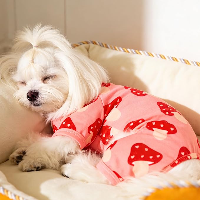 Dog Pajamas Summer Cute Print Puppy Jumpsuit Thin Dog Onesie Small Dog Clothes with Comfy & Elastic Frbic Puppy Pjs(Peach Mushroom,Small)