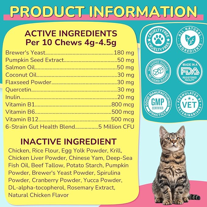 Woyamay Flea Treatment for Cats & Itch Relief Chews, 500 Crunchy Cat Flea Treatment Chews, Cat Itchy Skin Relief, Cat Itching Relief & Skin Care, Flea Prevention for Cats, Chicken Flavor
