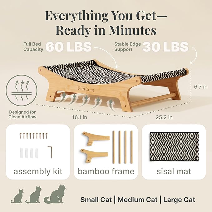 XL Sisal Cat Scratcher Bed with Elevated Hammock for Indoor Cats, Replaceable Natural Sisal Pad, Large Cat Lounge, Anti-Slip No-Wobble Bamboo Frame, Black & White Diamond.