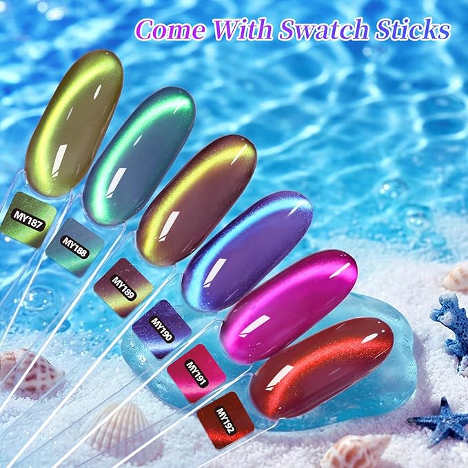 Born Pretty 15ML Spring Summer Cat Magnetic Eye Gel Nail Polish Set, 6 Colors Green Sea Blue Purple Bright Pink Burgundy Glitter Auroras Magnetic Gel Polish Jellyfish Effect 0.5 Fl.Oz