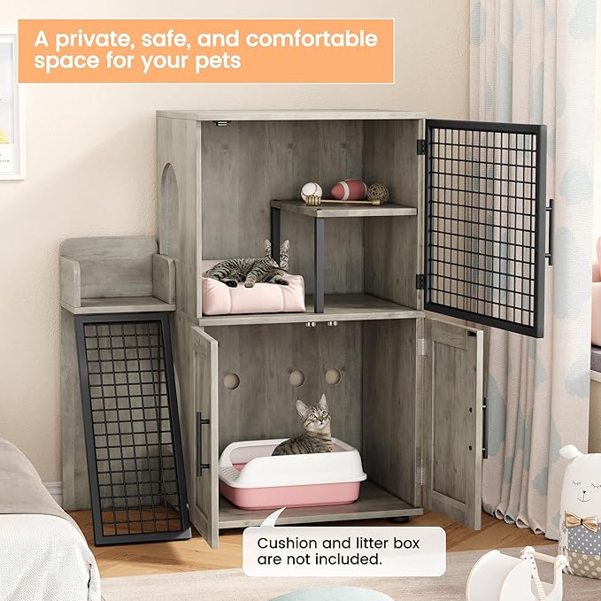 IDEALHOUSE Modern Cat Litter Box Enclosure with Platform, Double Layer Hidden Litter Box, Indoor Washroom, Villa Cat House with Ladder, 33.5" l x 17.9" w x 41.9" h,Grey