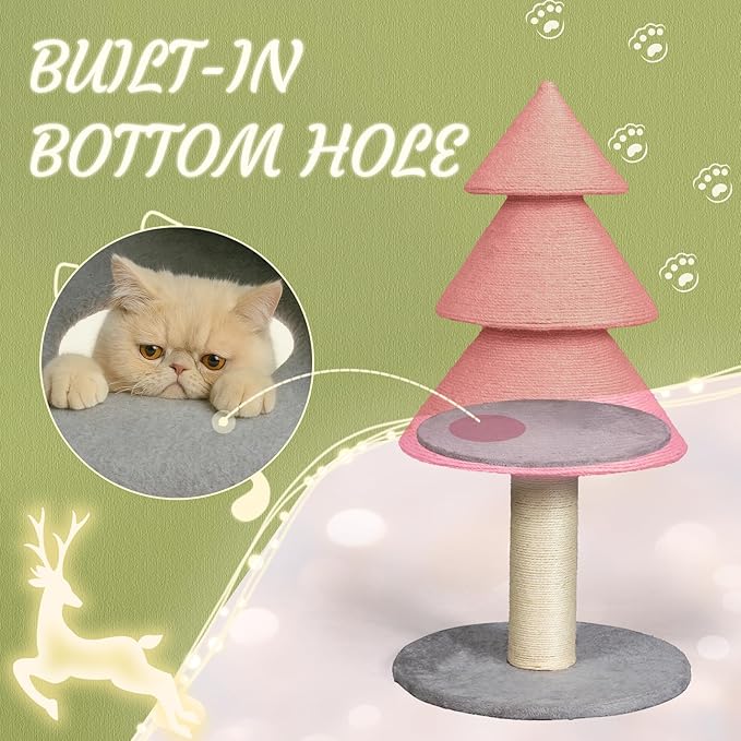 VINGLI 31.5in Christmas Tree Cat Scratcher Tower, Pink Cat Tree with Sisal Scratching Post & Soft Fleece Base, Stable Cat Scratcher for Kittens & Adult Indoor Cats