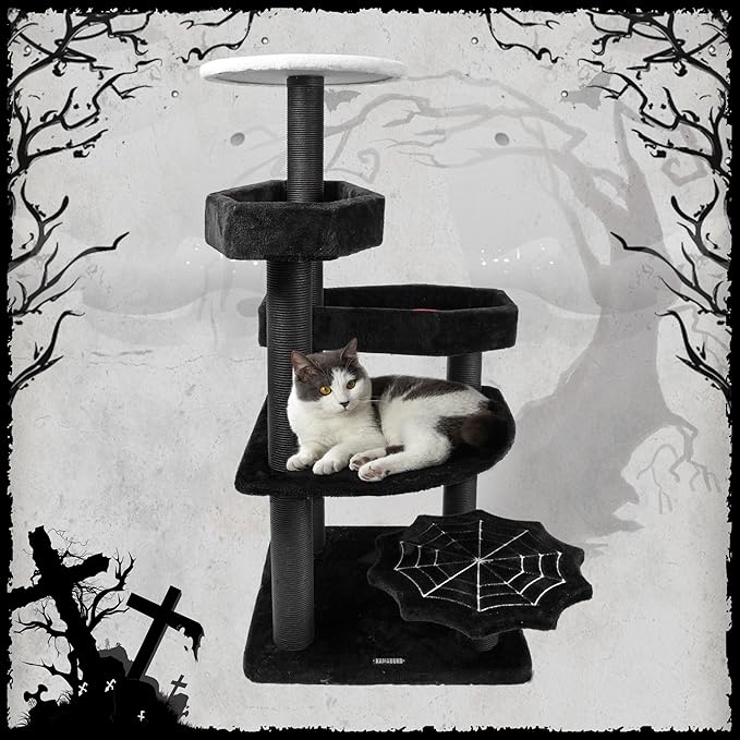 KAMABOKO Gothic Cat Tree with Coffin Bed, 46.9” Black Cat Tower for Indoor Cats with Scratching Posts, Halloween Cat Tree Tower for Large Cats, Black and Red